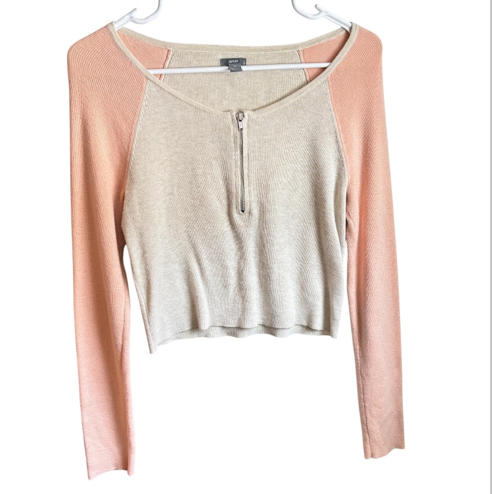 Aerie Pink and Cream Long Sleeve Cropped sweater